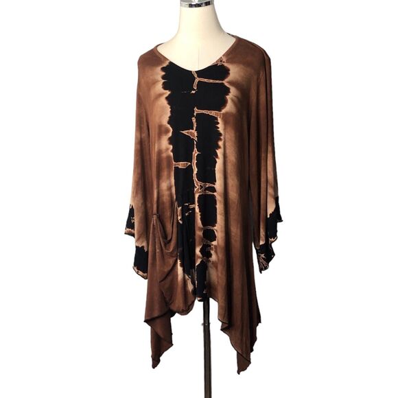 Hottest Dam Boutique Tops - Boho Tunic Top L/XL Brown Black Stretch Lagenlook Shark Bite Hem